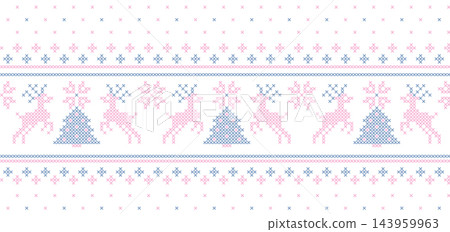 Pastel minimal cross stitch embroidery winter forest seamless border pattern, delicate geometric reindeer and pine tree motifs with adjustable stitch line thickness, elegant craft wrapping ribbon 143959963