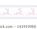 Pastel pink and blue cross stitch embroidery reindeer seamless border vector design, simple geometric winter motif with adjustable thread thickness for sweet baby nursery holiday textile 143959966