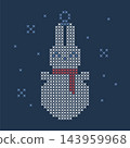 Cute cross stitch embroidery snowman with bunny rabbit ears vector icon, simple dark blue needlecraft character motif with adjustable stitch thickness for whimsical baby winter holiday designs 143959968