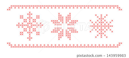 Red monochrome cross stitch embroidery traditional border elements vector set, delicate snowflakes and geometric ornaments with adjustable stitch thickness, classic rustic needlecraft craft motifs Red monochrome cross stitch embroidery traditional border elements vector set, delicate snowflakes and geometric ornaments with adjustable stitch thickness, classic rustic needlecraft craft motifs 143959983
