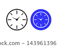 Clock icon, black outline and blue circle analog wall clock set, time schedule symbol, flat vector illustration 143961396