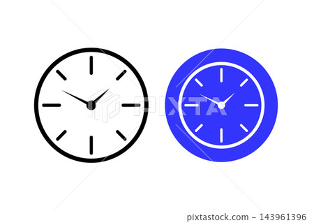 Clock icon, black outline and blue circle analog wall clock set, time schedule symbol, flat vector illustration Clock icon, black outline and blue circle analog wall clock set, time schedule symbol, flat vector illustration 143961396