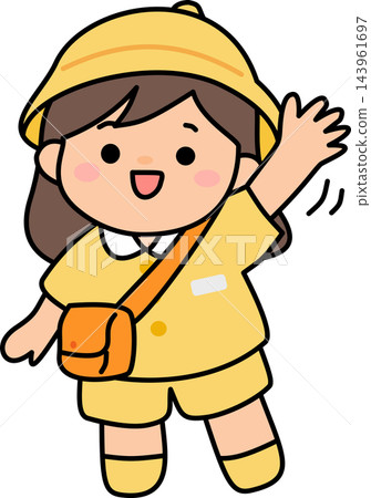 A clean line art illustration of a kindergarten girl wearing a yellow hat and uniform,waving hello. Ideal for coloring pages and educational materials. A clean line art illustration of a kindergarten girl wearing a yellow hat and uniform,waving hello. Ideal for coloring pages and educational materials. 143961697