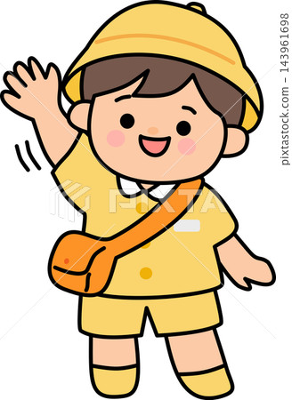A simple line art illustration of a kindergarten boy wearing a yellow hat and uniform,waving hello. Suitable for coloring books and educational content. A simple line art illustration of a kindergarten boy wearing a yellow hat and uniform,waving hello. Suitable for coloring books and educational content. 143961698