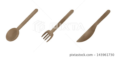 Watercolor-style hand-painted wooden cutlery set: spoon, fork, and knife. Watercolor-style hand-painted wooden cutlery set: spoon, fork, and knife. 143961730