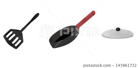 Watercolor-style hand-painted cookware set: spatula, frying pan, pot lid Watercolor-style hand-painted cookware set: spatula, frying pan, pot lid 143961732