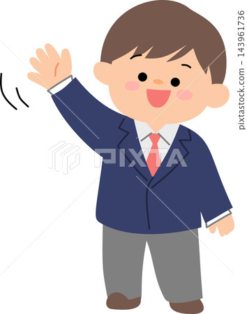 A cheerful illustration of a male student wearing a school uniform and waving hello. Ideal for education,back to school,and youth-related designs. A cheerful illustration of a male student wearing a school uniform and waving hello. Ideal for education,back to school,and youth-related designs. 143961736