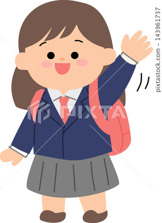 A friendly illustration of a female student in school uniform carrying a backpack and waving. Perfect for school and education themes. A friendly illustration of a female student in school uniform carrying a backpack and waving. Perfect for school and education themes. 143961737