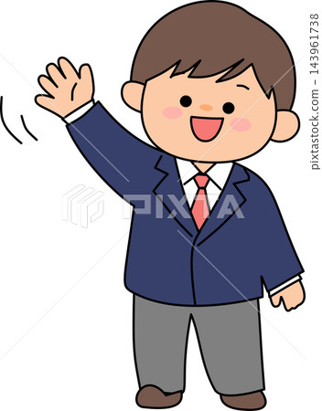 A bright illustration of a male student in uniform waving with a smile,suitable for school and academic concepts. A bright illustration of a male student in uniform waving with a smile,suitable for school and academic concepts. 143961738