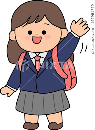 A cute illustration of a female student in school uniform with a backpack waving hello. Ideal for educational and youth themes. A cute illustration of a female student in school uniform with a backpack waving hello. Ideal for educational and youth themes. 143961739