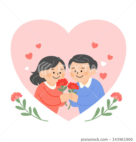 A heartwarming illustration card for Parents' Day featuring a loving message for mom and dad, decorated with carnations and heart patterns. Perfect for greeting cards, family celebrations, and appreci 143961900