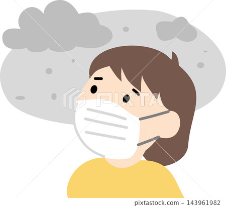 A side view illustration of a woman wearing a mask in a polluted environment,representing protection against fine dust and smog. A side view illustration of a woman wearing a mask in a polluted environment,representing protection against fine dust and smog. 143961982