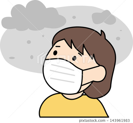 An illustration of a woman wearing a mask while observing polluted air,symbolizing environmental health and respiratory safety. An illustration of a woman wearing a mask while observing polluted air,symbolizing environmental health and respiratory safety. 143961983