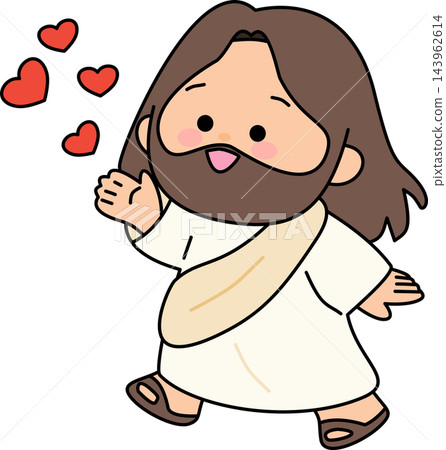 A friendly illustration of Jesus waving while small hearts float around,representing love and welcome. A friendly illustration of Jesus waving while small hearts float around,representing love and welcome. 143962614