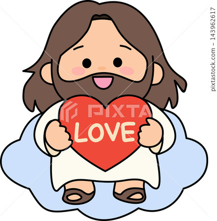 A peaceful illustration of Jesus sitting on a cloud holding a heart with the word love,symbolizing heaven and divine affection. A peaceful illustration of Jesus sitting on a cloud holding a heart with the word love,symbolizing heaven and divine affection. 143962617