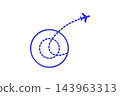 Airplane route icon, blue plane with dashed flight path in circle, travel journey symbol, flat vector illustration 143963313