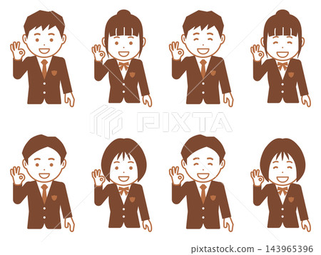 [Icon] Male and female students in brown blazers giving OK signs 143965396