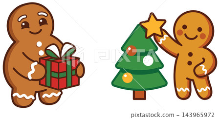 Cute cartoon gingerbread men characters celebrating christmas by holding a wrapped gift and decorating a festive pine tree Cute cartoon gingerbread men characters celebrating christmas by holding a wrapped gift and decorating a festive pine tree 143965972