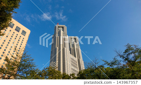 東京都政府大樓以及新宿中央公園的樹木和摩天大樓在藍天的襯托下格外醒目。 東京都政府大樓以及新宿中央公園的樹木和摩天大樓在藍天的襯托下格外醒目。 143967357