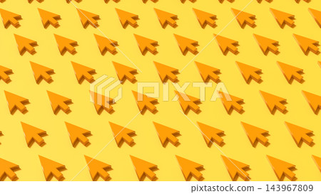 3D render of multiple orange cursor arrow icons repeating pattern on yellow background, digital technology concept 3D render of multiple orange cursor arrow icons repeating pattern on yellow background, digital technology concept 143967809
