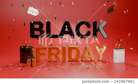 3D render of glossy Black Friday text with shopping bags gifts sale tags and confetti on red background 3D render of glossy Black Friday text with shopping bags gifts sale tags and confetti on red background 143967861