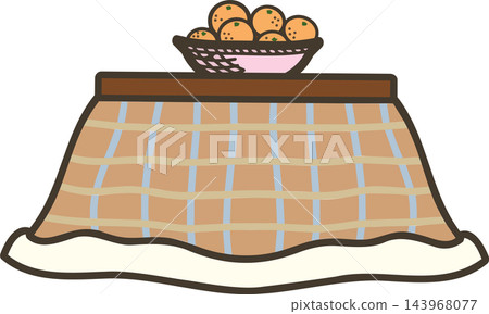 An illustration of a kotatsu (heated table) with an orange on top. 143968077