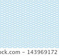 A traditional Japanese pattern with blue seigaiha waves on a white background. 143969172