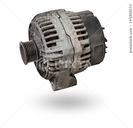 Car generator, car electrical network element on white background, generator details close-up. Spare auto parts for repair. 143969553
