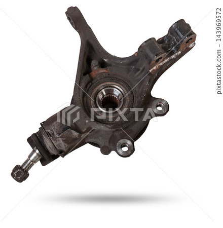 A close-up of a worn metal wheel hub with oil and rust elements on a white background. Seasonal undercarriage repair and replacement of brake system parts in a workshop. 143969572