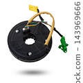 Steering angle sensor disassembled on a white isolated background, spare part for car repair or for sale at junk yard. 143969666