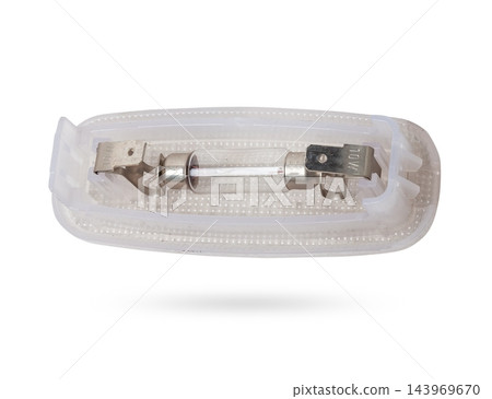 A  transparent plastic shade for illuminating the interior on a white isolated background in a photo studio - spare parts for repairing a car interior or for sale in a auto service. 143969670