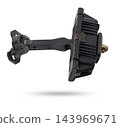 Metal and plastic car spare parts on a white isolated background - door stopper that prevents hard touches of body elements, damage or breakage. Detail of a mechanical assembly. 143969671