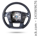 Steering wheel for car and truck isolated on white background. Automobile vehicle part or equipment. Round modern style consist of black leather and aluminum. For driver to driving control and tuning. 143969676
