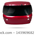 Red metallic boot lid reverse side with stiffeners on a white isolated background with a nameplate for installation on a car after an accident. Spare part for body repair trunk. 143969682