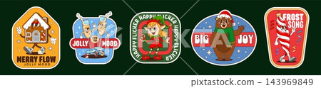 Cartoon retro groovy Christmas holiday badges Cartoon retro groovy Christmas holiday badges 143969849