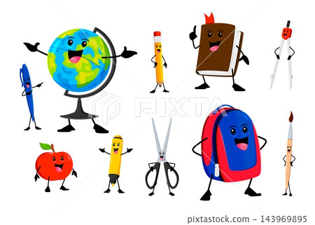 Cartoon school supply cute smiling characters set Cartoon school supply cute smiling characters set 143969895