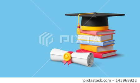 3d school books with graduation cap and diploma 3d school books with graduation cap and diploma 143969928