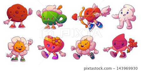 Cartoon groovy food and Valentine characters set Cartoon groovy food and Valentine characters set 143969930