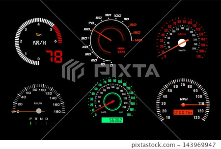 Speedometers, neon car speed indicators set 143969947