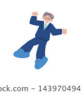 Hand-drawn vector illustration of a middle-aged man in a suit jumping with both hands raised. 143970494