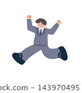 Hand-drawn vector illustration of a man in a suit jumping with both arms raised. 143970495