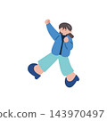 Hand-drawn vector illustration of a woman jumping while making a victory pose. 143970497