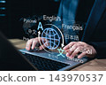 Multilingual language translation technology concept. Businesswoman using laptop with icons various languages, global translation, multilingual communication, international connections, AI translator 143970537