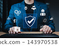 Work safety and compliance concept. Businesswoman using computer with digital icons representing work safety, compliance, regulations and professional standards, symbolizing secure workplace practices 143970538