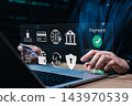 Secure Online Payment Transaction Process concept. Businesswoman confirming secure online payment using credit card through digital interface with verification tick symbol. Internet banking, fintech 143970539