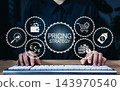 Pricing Strategy Analysis and Business Planning Concept. Businessperson working on pricing strategy with icons, cost tags, currency exchange, analysis charts, shopping, and price economic strategy. 143970540