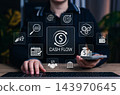 Cash Flow and Financial Analysis Concept. Businesswoman using keyborad computer with icons representing cash flow, financial management, budgeting, business growth, money, income, profit, banking, 143970645
