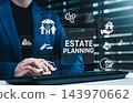 Estate planning and wealth management concept. Person typing on keyboard with icons of family insurance protection, last will testament document, house mortgage, legal, inheritance money, legacy law 143970662