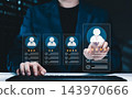 Candidate Review and Talent Evaluation Concept. HR manager reviewing candidate profiles with ratings and checklists. applicant screening, talent assessment, hiring decisions, recruitment quality 143970666