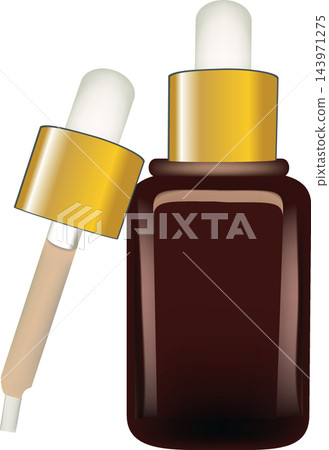 Brown cosmetic bottle with gold dropper dispensing serum or essential oil Brown cosmetic bottle with gold dropper dispensing serum or essential oil 143971275